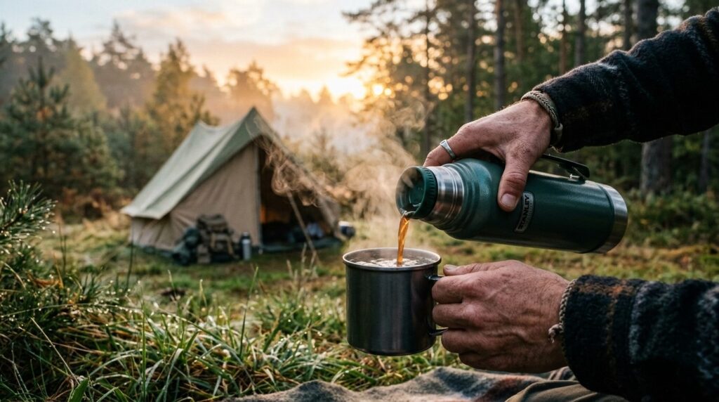 Hånden på en teltcamper hælder varm kaffe fra en termokande.