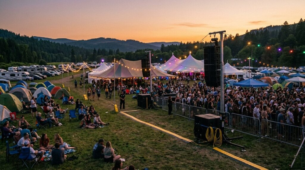 Udendørs festivalscene i skumringen med flere scener og publikum.