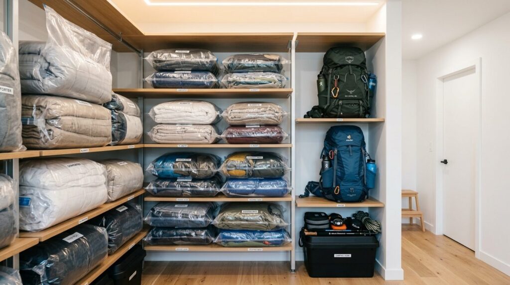 Organized closet or storage room with multiple compression b