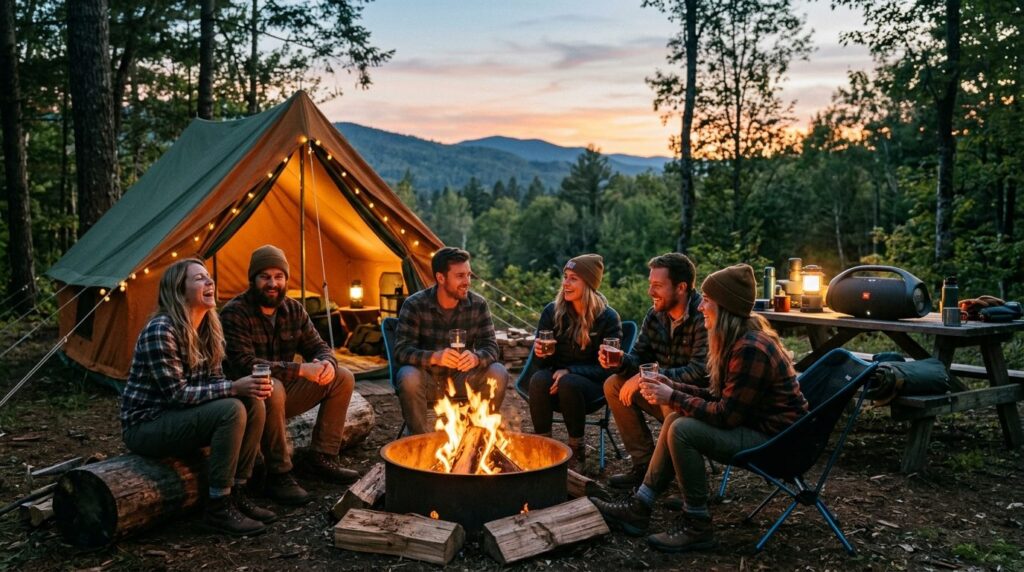 En gruppe mennesker samlet omkring et telt under en campingweekend udendørs.