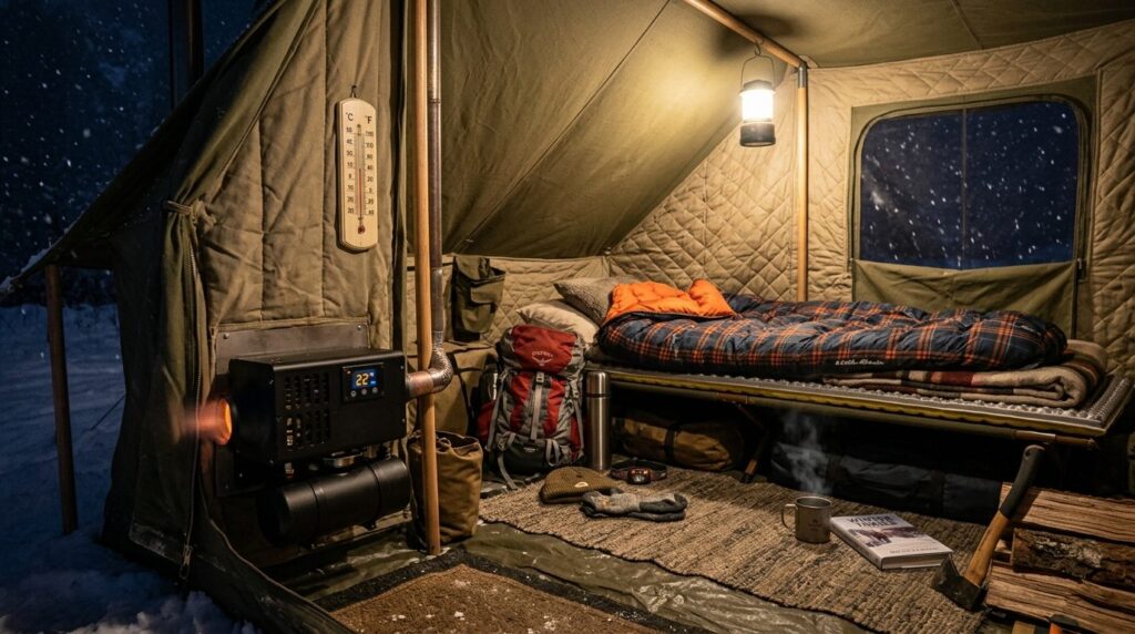 Interior shot of a well-insulated camping tent with diesel h